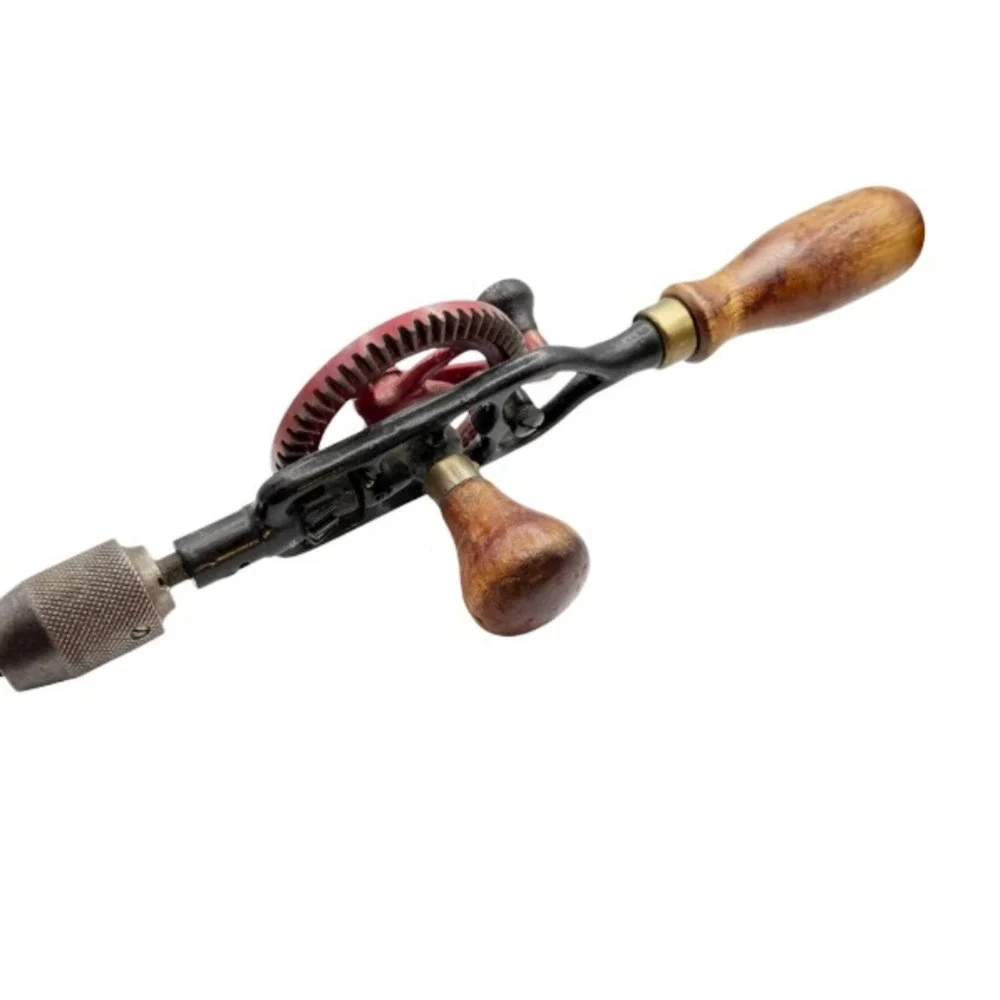 Vintage Hand Crank Eggbeater Drill Red Metal Wood Handle Manual Hand Drill Tool